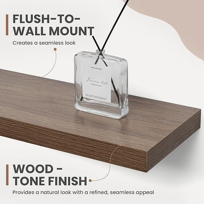36 Inch Floating Shelves, 8 Inch Deep Floating Shelves for Wall, Hanging Shelf with Invisible Brackets, Deep Shelves for Bathroom, Bedroom, Living Room, Walnut, Set of 2