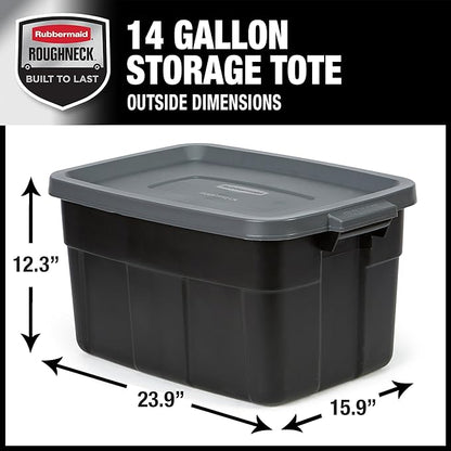 Rubbermaid Roughneck Tote 14 Gal, 6 Pack, Made in USA, Black & Gray, Rugged Plastic Stackable Storage Bins with Lids and Handles