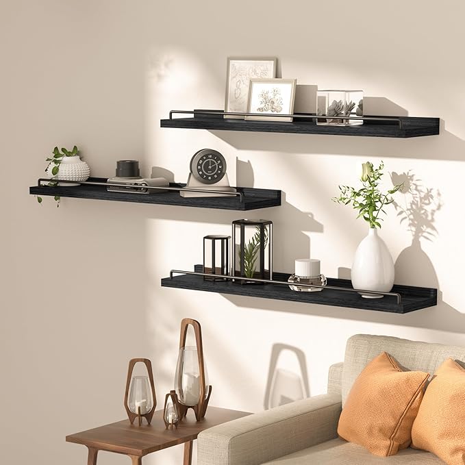 32 inches Long Floating Shelves, Bathroom Decor Shelves Over Toilet, Farmhouse Wall Shelves for Living Room, Bedroom, Picture Frames, Plants, Kitchen, Set of 3 (Black)