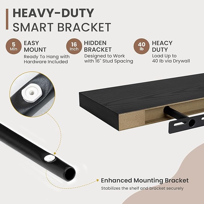 36 Inch Floating Shelves, 8 Inch Deep Floating Shelves for Wall, Hanging Shelf with Invisible Brackets, Deep Shelves for Bathroom, Bedroom, Living Room, Black, Set of 2