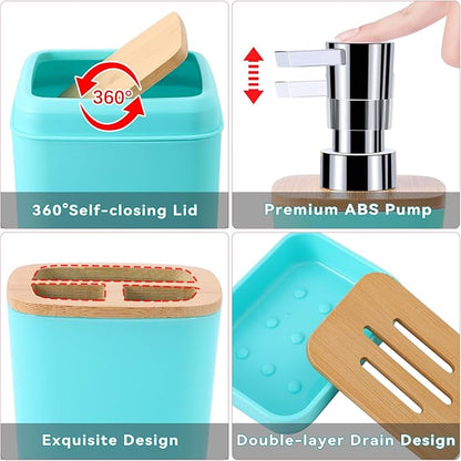 Teal Blue Bathroom Accessories Set with Trash Can 9 Piece Bathroom Decor Toothbrush Holder,Toothbrush Cup,Lotion Soap Dispenser,Vanity Tray,Soap Dish,Toilet Brush,Qtip Holder