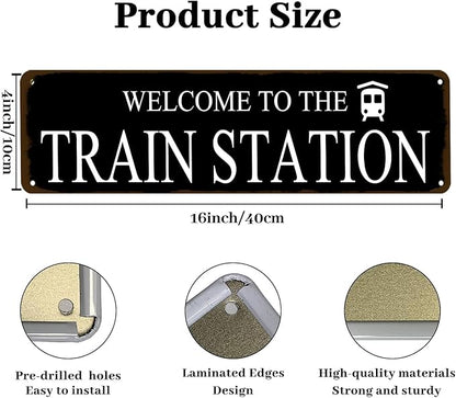 Rustic Train Station Sign Vintage Metal Tin Sign Welcome To The Train Station Signs Train Decor Home Bar Pub Poster Wall Art Decorative 4x16 Inch