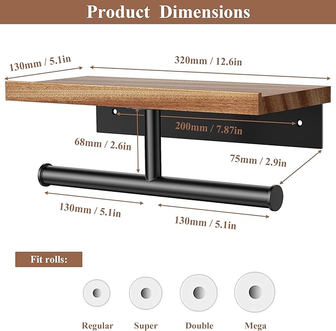Tindbea Double Toilet Paper Holder with Wood Shelf, Wooden Wall Mount Toilet Paper Roll Holder, Matte Black Stainless Steel Bathroom Toilet Tissue Holder (Sapele, Matte Black)