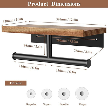 Tindbea Double Toilet Paper Holder with Wood Shelf, Wooden Wall Mount Toilet Paper Roll Holder, Matte Black Stainless Steel Bathroom Toilet Tissue Holder (Sapele, Matte Black)