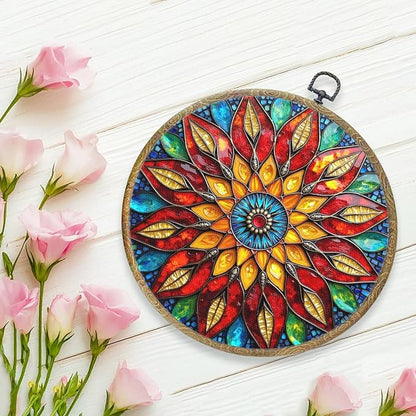 Colorful Geometric Mandala Framed Round Wall Decor Canvas Wall Art Hanging Prints Artwork for Home Office Kitchen Nursery Bedroom Living Room Porch Garden Birthday Decorations 10.2X10.2 Inch