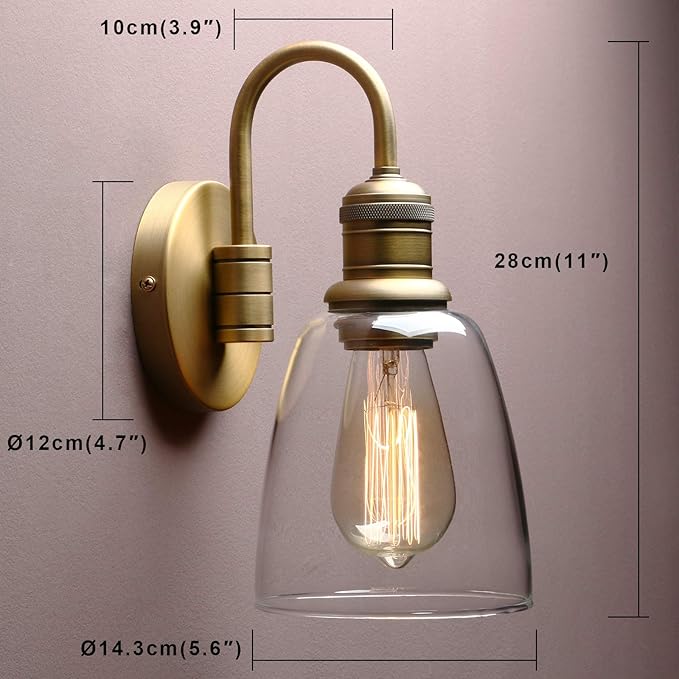 Yosoan 1-Light Brass Modern Vintage Indoor Wall Sconce, Vanity Single Luxury Hardwired Retro Textured Clear Oval Cone Glass Shade with Industrial Gooseneck Curved Rod Bathroom Lamp(Antique)