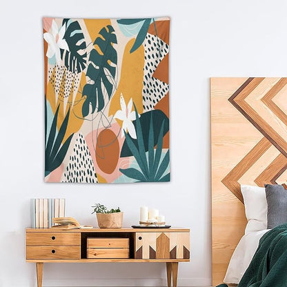 Abstract Bohemian Mid Century Tapestry, Tropical Leaves Modern Geometric Archway Minimalist Bohemian Botanical Aesthetic Wall Hanging, Sage Green Gold Home Decor Art for Bedroom 30x40 Inch