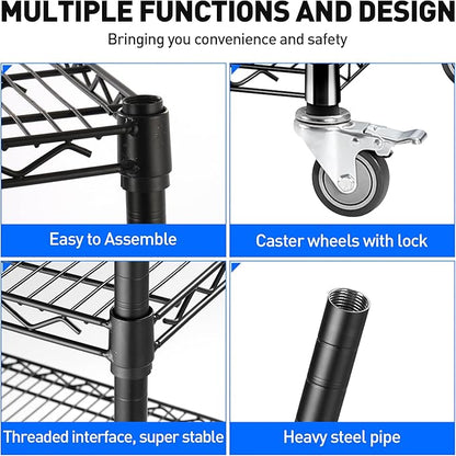 Rengue 4-Tier Wire Shelving with Wheels, 60"x 24"x72" Metal Storage Shelves, Heavy Duty Garage Storage Shelves, Chrome 2400LBS Capacity Wire Shelf Rack for Restaurant, Garage, Pantry, Black