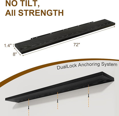 72 Inch Floating Shelves 2 Pack, 8 Inch Deep Floating Shelf Wall Mounted, Large Shelves with Invisible Bracket for Books|Storage, Rustic Wood Wall Shelf for Bedroom, Kitchen, Living Room, Black