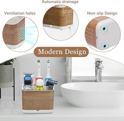 Toothbrush Holders for Bathrooms, Kids Electric Toothbrush and Toothpaste Holder, Toothbrush Caddy Organizer, 4 Slots Tooth Brushing Stand for Bathroom Organizer Countertop (Wood Grain)