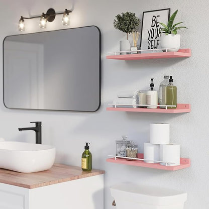 WOPITUES Floating Shelves with Metal Guardrail, Shelves for Wall Decor Set of 3, Wall Shelves for Bedroom, Bathroom, Kitchen, Living Room, Plants, Picture Frames, Art-Pink