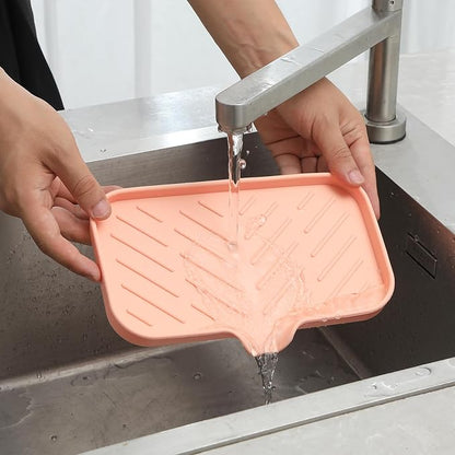Silicone Bathroom Soap Dishes with Drain Spout-Bathroom and Kitchen Sink Organizer,Sponge Holder,Dish Soap Tray,Perfect for Dispenser,Scrubber,Bottle,Cup on Sink or Counter-Pink 9.6"×5.3"