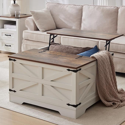Coffee Table with Storage, Rustic White Square Coffee Tables for Living Room, Lift top Coffee Table with Large Hidden Compartment, Smart Cocktail Tables with Flip Top Lids for Home Office
