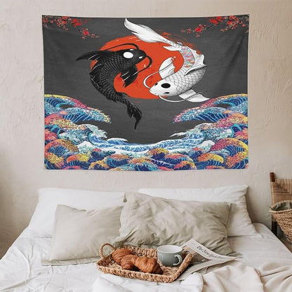 Houselerax Japanese Koi Fish Tapestries, Yin Yang Big Wave Cherry Blossom Tapestry Wall Hanging for Bedroom Living Room Office Decor 40"x30"