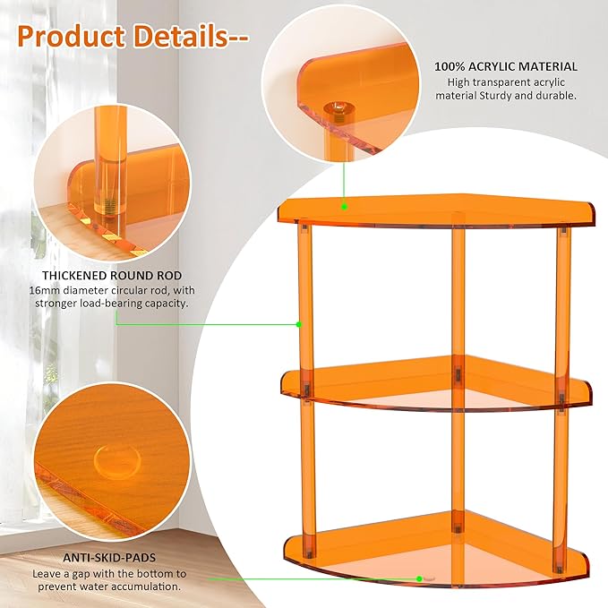 3 Tier Acrylic Corner Shelf Organizer Storage 9.5x9.5x15.7 Inch, Orange Countertop Corner Shelf for Bathroom, Kitchen, Bedroom, Office, Study Room