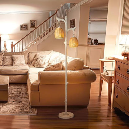 68" High Farmhouse Rustic Country Cottage Floor Lamp Tree Trunk Faux Wood Column White Washed Wicker Drum Shade Decor for Living Room Bedroom Reading Room
