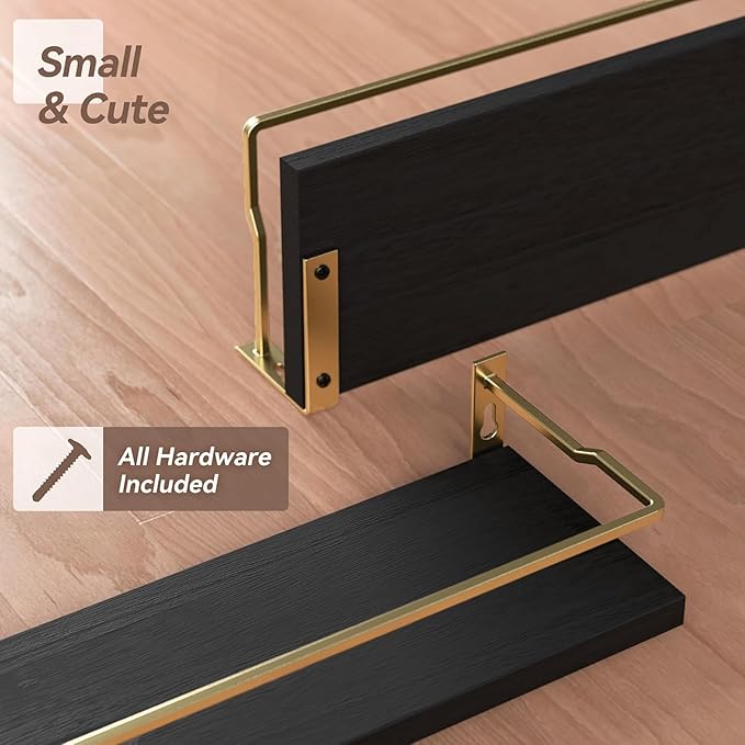 RICHER HOUSE Bathroom Floating Wall Shelf Set of 2 - Guard-Rail Small Wood Shelves for Decor, Over Toilet Storage, Kitchen Organizer - Black Gold