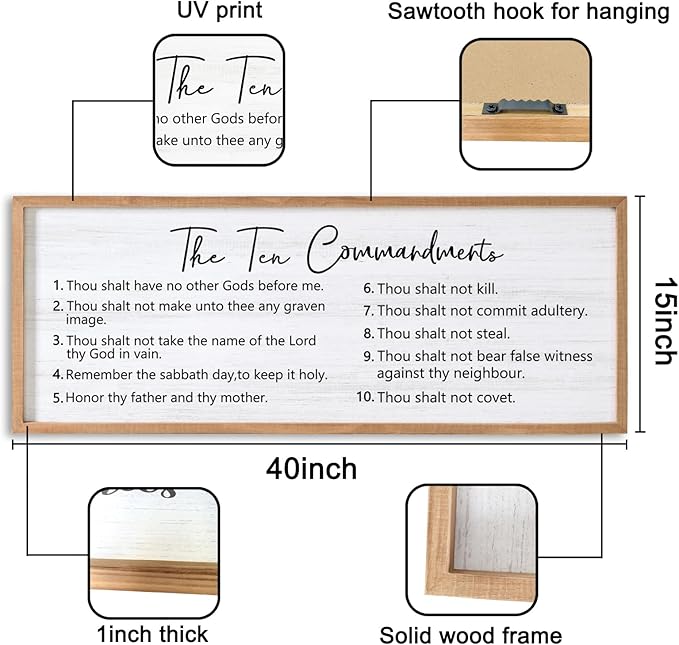 The Ten Commandments Rustic Bible Verse Framed Wall Art, 40''×15'' Positive Religious Christian Saying Sign for God Jesus Christ Prayer, Vintage Horizontal Holy Inspirational Catholic Scripture Decor