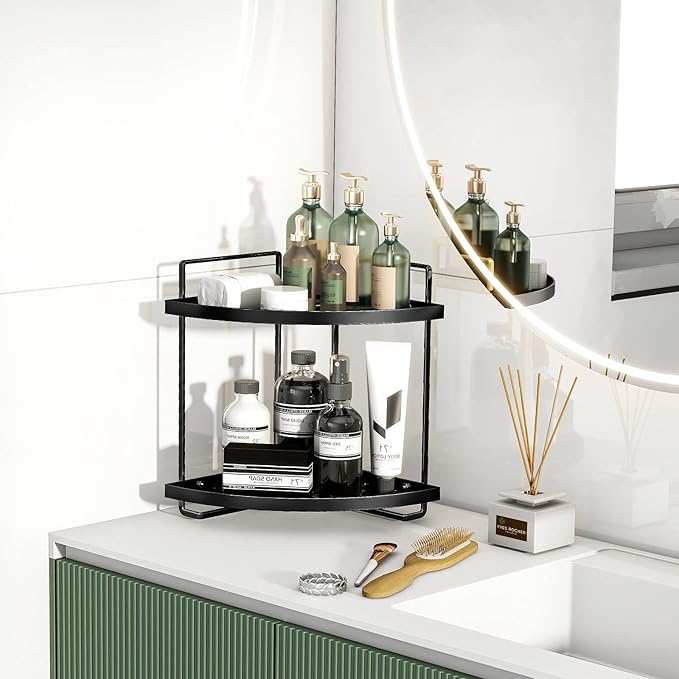 2-Tier Bathroom Counter Organizer, Corner Bathroom Organizer Countertop, Black Vanity Tray Counter Corner Shelf, Corner Organizer for Skincare Makeup Kitchen Storage, 8.2''L x 8.2''W x 11.2''H