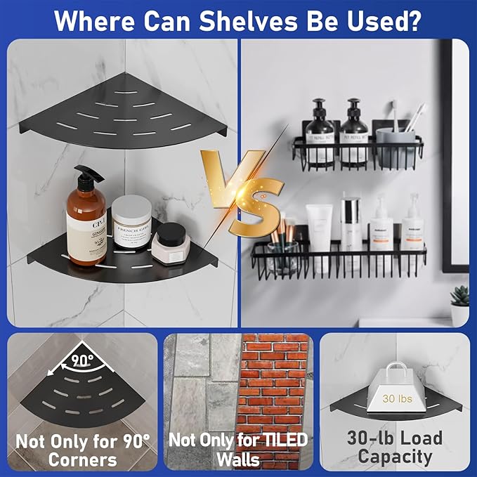 2 Pack Corner Shower Shelves Load Capacity 40 lbs 304 Stainless Steel Shower Corner Shelf Will not Rust 8in Shower Shelf for Inside Shower Matte Black Drilling Installation