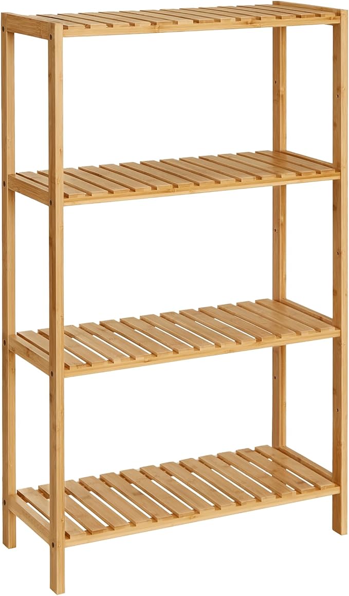 SONGMICS Bamboo Storage Shelf, 4-Tier Shelving Unit, Multifunctional, in The Entryway, Bathroom, Living Room, Balcony, Kitchen, 10.2 x 23.6 x 39.4 Inches, Light Bamboo UBCB034Y01