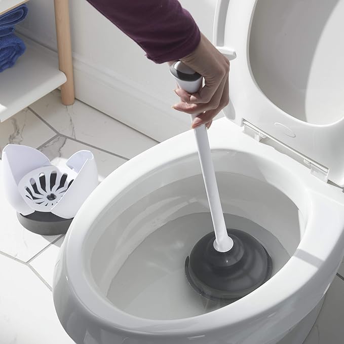 Clorox Toilet Plunger with Hideaway Holder Caddy Heavy-Duty Compact Design with Non-Skid Rubber Base for Bathroom Convenient Storage Toilet Unclogger, 6.5x19.5-Inch, White
