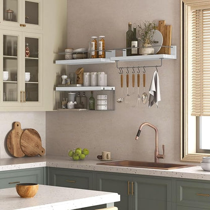 Bathroom Shelves Over Toilet for Wall, Floating Shelves with Storage Basket Paper Holer for Kitchen Living Room, Bedroom & Classroom, Set of 3 (White and Grey)