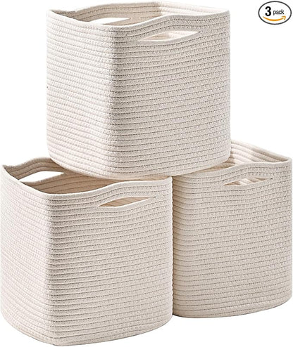 11 Inch Cube Storage Bins, Organizer Bins, Woven Cotton Rope Baskets for Storage, Storage Baskets for Organizing Shelves, White Basket for Toys, Off White (Pack of 3)
