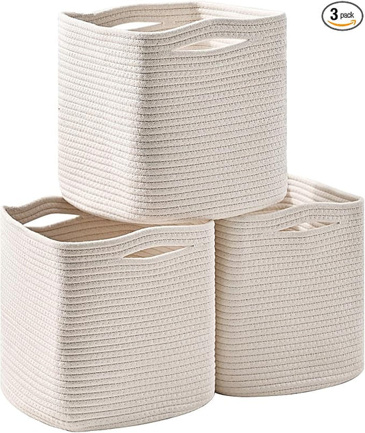 11 Inch Cube Storage Bins, Organizer Bins, Woven Cotton Rope Baskets for Storage, Storage Baskets for Organizing Shelves, White Basket for Toys, Off White (Pack of 3)
