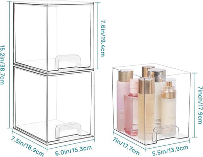 Vtopmart 7.6" H Clear Stackable Storage Drawers, 2 Pack Plastic Organizers Bins for Skincare, Cosmetics,Beauty Supplies,Ideal for Vanity, Bathroom,Kitchen Countertop,Cabinet Organization