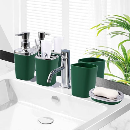 Dark Green Bathroom Accessories Set, Green Bathroom Set with Trash Can, Toothbrush Holder, Toothbrush Cup, Soap Dispenser, Soap Dish, Toilet Brush Holder, 2 Qtip Holder Dispensers and Tray
