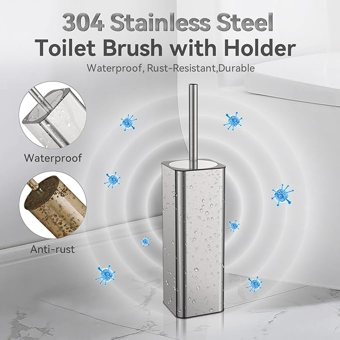 DOWRY Stainless Steel Toilet Bowl Brush and Holder for Bathroom Storage Organization Deep Cleaning Covered Brush Cleaner,Nickel Square