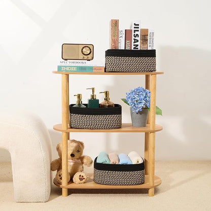 Small Storage Baskets for Organizing | Closet Organizer Bins | Shelf Toy Basket | Woven Rope Baskets | Cube Decorative Box | Shallow Basket | 11.5x7.5x4.7” | 3 Packs Black Brown