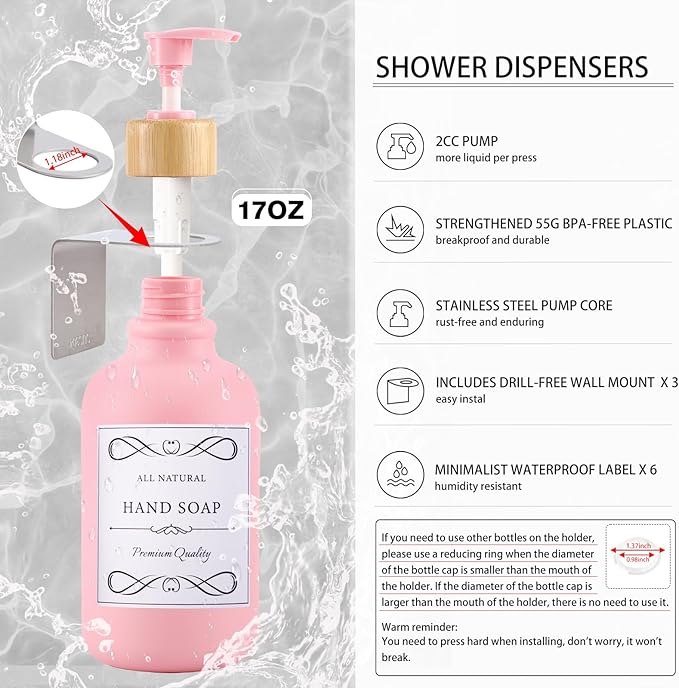 Pink and Wood Bathroom Accessories Set 19Pcs, Bathroom Set with Trash Can and Toilet Brush, 3PCS Drill Free 17oz Soap Dispenser Wall Mounted, Toothbrush Holder and Cup, Soap Dish, Qtip Holder