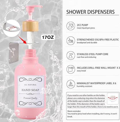 Pink and Wood Bathroom Accessories Set 19Pcs, Bathroom Set with Trash Can and Toilet Brush, 3PCS Drill Free 17oz Soap Dispenser Wall Mounted, Toothbrush Holder and Cup, Soap Dish, Qtip Holder