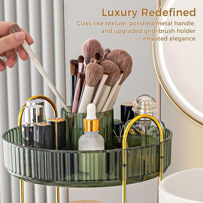 360° Rotating Makeup Organizer, Upgraded 2 Tier Skincare Perfume Organizers for Women, Bathroom Organizer Countertop, Clear Cosmetic Dresser Organizer with Makeup Brush Holder, Sink&Counter (Green)