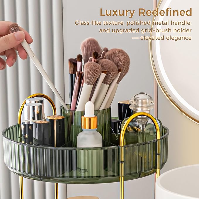 360° Rotating Makeup Organizer, Upgraded 3 Tier Skincare Perfume Organizers for Women, Bathroom Organizer Countertop, Clear Cosmetic Dresser Organizer with Makeup Brush Holder, Sink&Counter (Green)