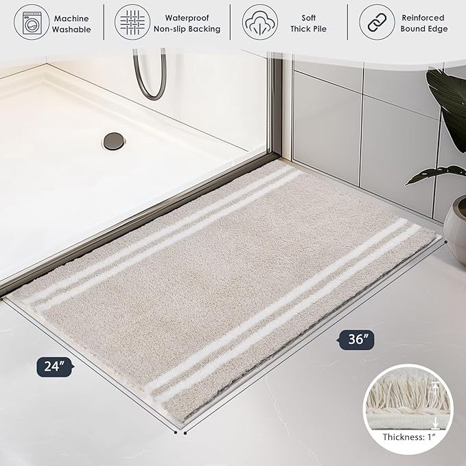PURRUGS Bathroom Rug Non-Slip Machine Washable 24" x 36", Super Absorbent and Quick Dry Shaggy Microfiber Bath Mat, Extra Soft and Plush Bath Rug for Bathtub, Shower and Sink, Beige