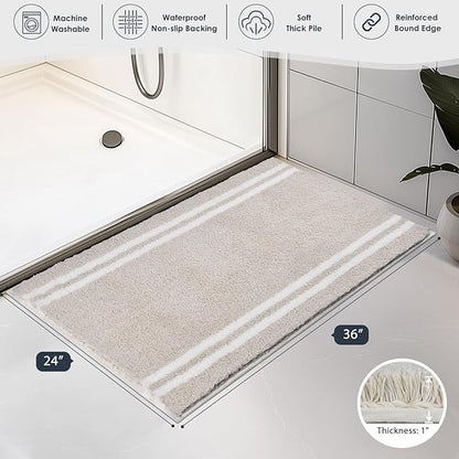 PURRUGS Bathroom Rug Non-Slip Machine Washable 24" x 36", Super Absorbent and Quick Dry Shaggy Microfiber Bath Mat, Extra Soft and Plush Bath Rug for Bathtub, Shower and Sink, Beige
