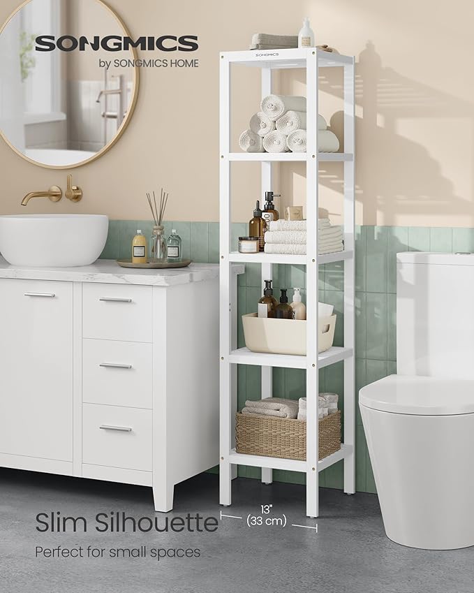 SONGMICS Bamboo Storage Shelf, 5-Tier Shelving Unit, Multifunctional, in The Entryway, Bathroom, Living Room, Balcony, Kitchen, 13 x 13 x 57.5 Inches, Cloud White UBCB055W01
