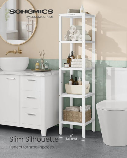 SONGMICS Bamboo Storage Shelf, 5-Tier Shelving Unit, Multifunctional, in The Entryway, Bathroom, Living Room, Balcony, Kitchen, 13 x 13 x 57.5 Inches, Cloud White UBCB055W01