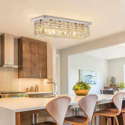 Siljoy Modern Crystal Chandelier 6-Lights Rectangular Flush Mount Pendant Ceiling Light Fixture Rectangle K9 Crystal Raindrop Chandelier for Dining Living Room Kitchen Island L31.5'' x W10'' x H10'