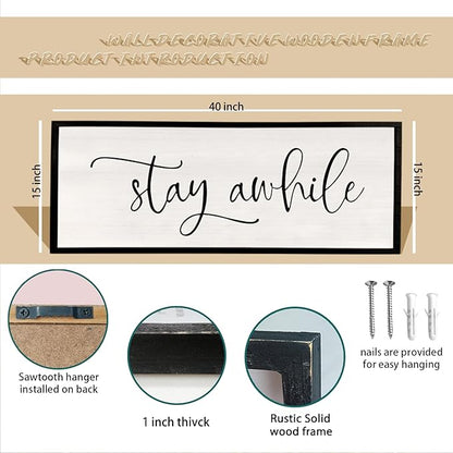 Stay AWhile Sign Wall Decor Sign 40"X15" Large Living Room Entryway Wood Framed Rustic Wall Decor for Vintage Farmhouse Foyer Hanging Lets Stay Home Wall Art (Black)