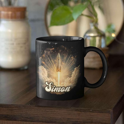 Sci-Fi Inspired Ceramic Mug for Men, Custom Name Coffee Mug 11oz or 15oz, Personalized Rocket Enthusiast Black Cup, Custom Vibrant Rocket Coffee Cup, Gifts for Astronaut Fans