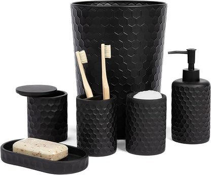 zccz 6 Piece Bathroom Accessories Set, Toothbrush Holder, Toothbrush Cup, Soap Dispenser,Bathroom Vanity Tray, Qtip Holder, Trash Can - Black