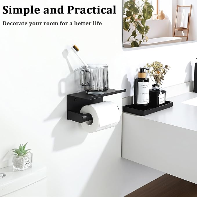 Alise Black Toilet Paper Holder,Bathroom Adhesive Toilet Paper Holder SUS304 Stainless Steel Toilet Paper Roll Holder with Shelf Spring Loaded Tissue Holder Wall Mount(Adhesive or Screw)