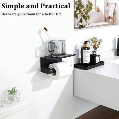 Alise Black Toilet Paper Holder,Bathroom Adhesive Toilet Paper Holder SUS304 Stainless Steel Toilet Paper Roll Holder with Shelf Spring Loaded Tissue Holder Wall Mount(Adhesive or Screw)
