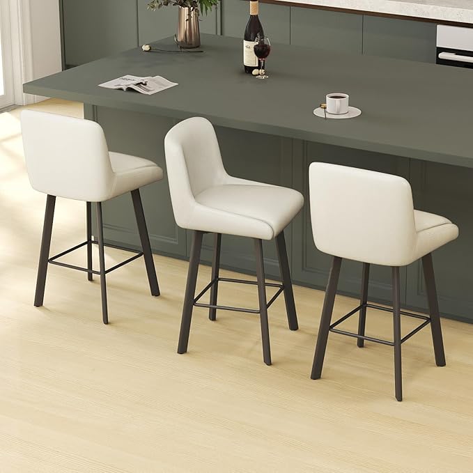 Swivel Bar Stools, 26''H Upholstered Barstools with Backs, Modern Counter Height Bar Stool Chairs for Kitchen Island, Metal Legs (Antique White- Faux Leather, Set of 4-26" H)