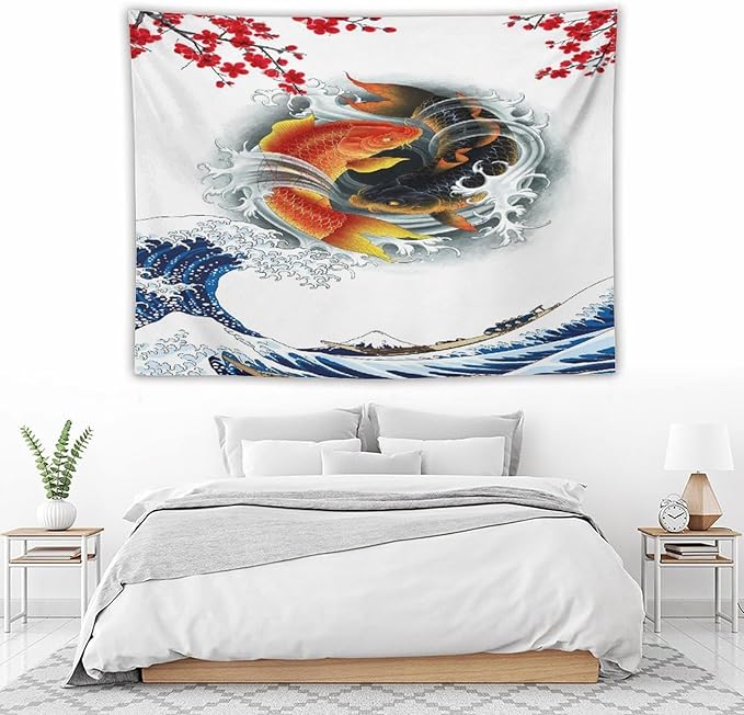 Houselerax Koi Fish Tapestry, Japanese Style Yin Yang Big Wave Cherry Blossoms Tapestries Wall Hanging for Bedroom Living Room Office Decor 80"x60"