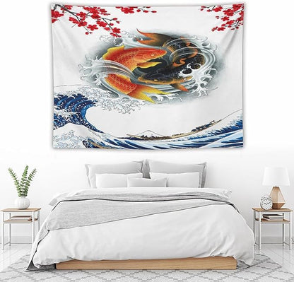 Houselerax Koi Fish Tapestry, Japanese Style Yin Yang Big Wave Cherry Blossoms Tapestries Wall Hanging for Bedroom Living Room Office Decor 80"x60"